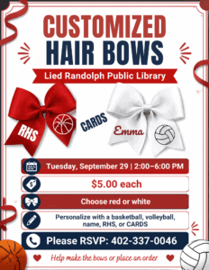 Customized hair bows for sale at Lied Randolph Public Library event.
