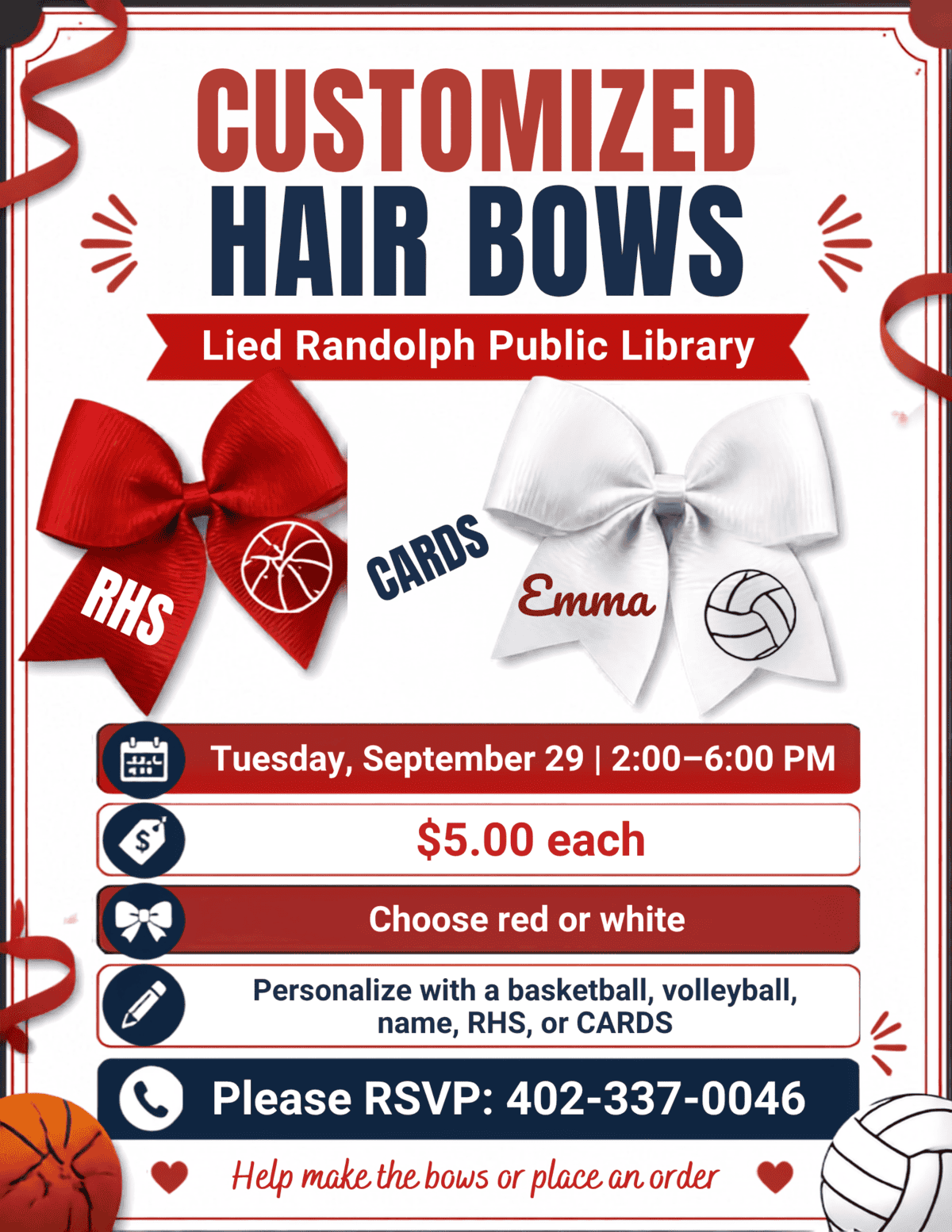 Customized hair bows for sale at Lied Randolph Public Library event.