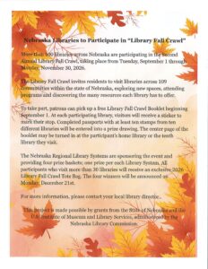 Lied Randolph Public Library promoting Library Fall Crawl with autumn leaves background.