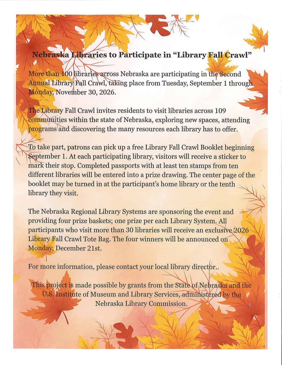 Lied Randolph Public Library promoting Library Fall Crawl with autumn leaves background.