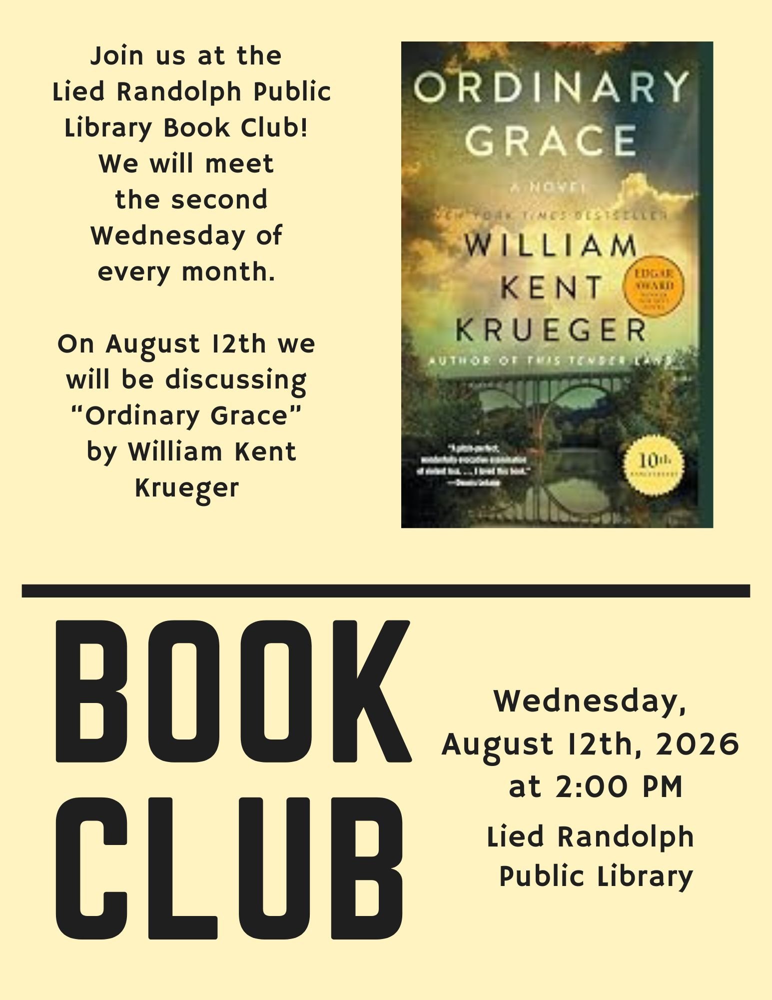 Join us at the Lied Randolph Public Library Book Club! We will meet the second Wednesday of every month. On June 10th we will be discussing “Here One Moment” b (2)