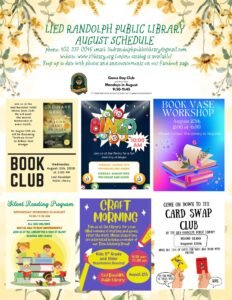 Lied Randolph Public Library August Schedule phone 402-337-0046 email liedrandolphpubliclibrary@gmail.com website www.rlibrary.org (online catalog is available (2)