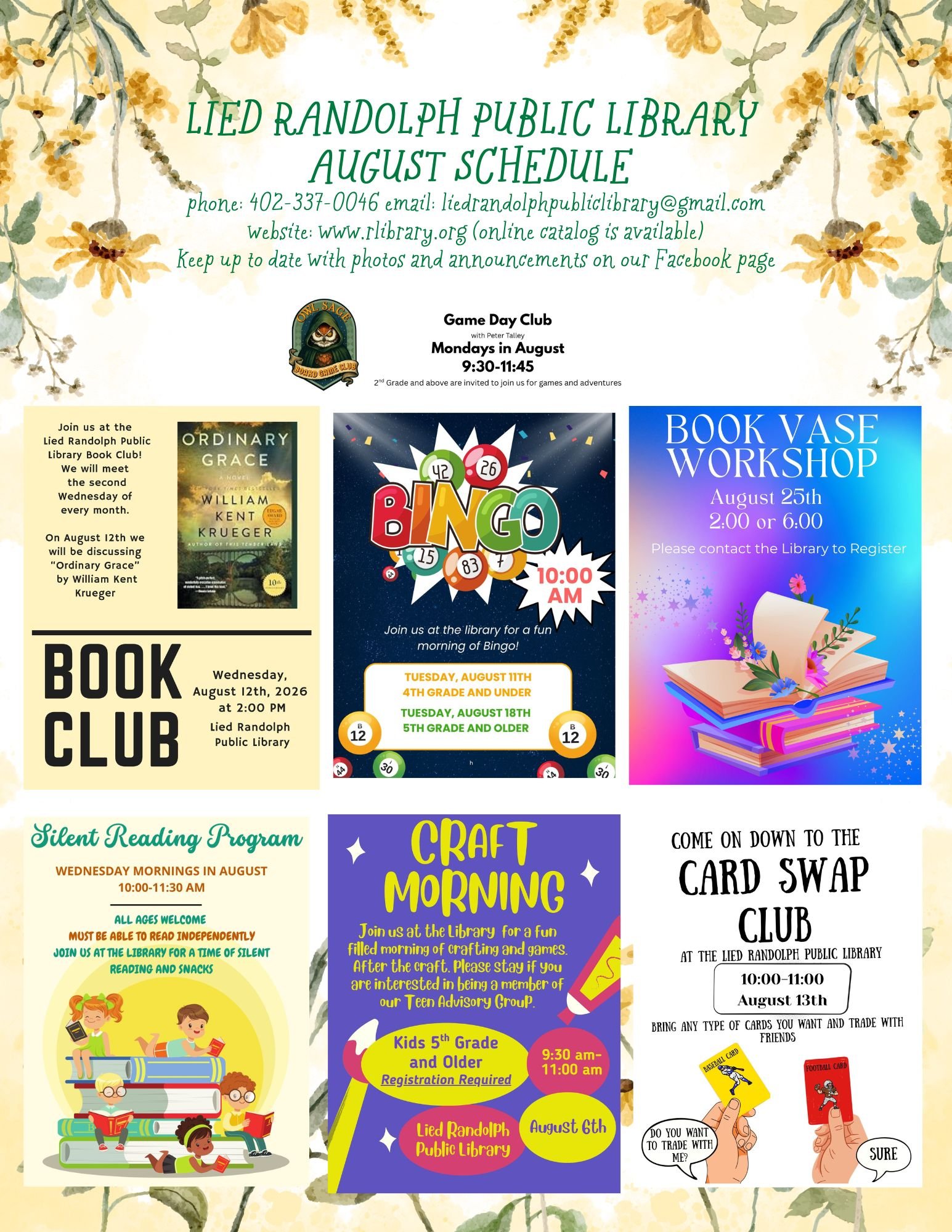 Lied Randolph Public Library August Schedule phone 402-337-0046 email liedrandolphpubliclibrary@gmail.com website www.rlibrary.org (online catalog is available (2)