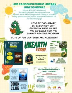 Lied Randolph Public Library JUNE Schedule phone 402-337-0046 email liedrandolphpubliclibrary@gmail.com website www.rlibrary.org (online catalog is available) (1)