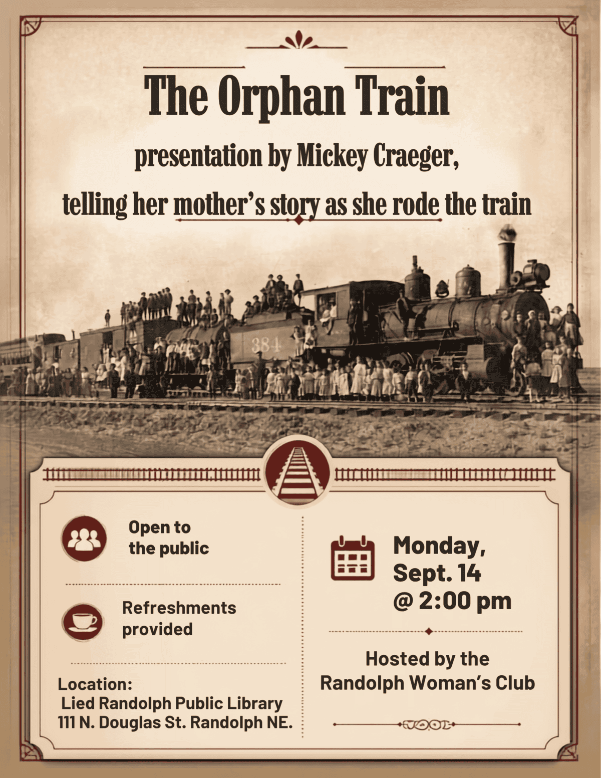Poster for Orphan Train presentation by Mickey Craeger at Lied Library.