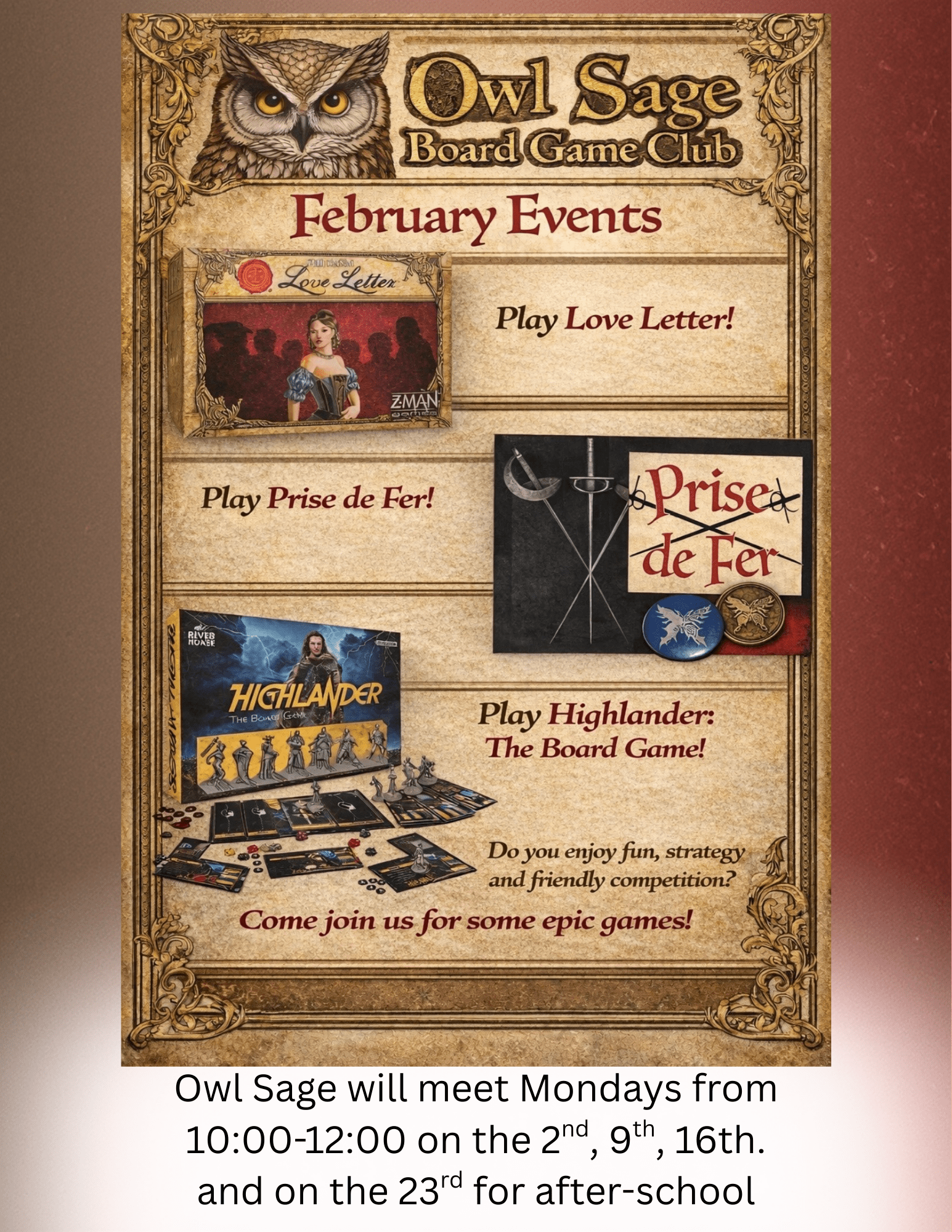 Owl Sage will meet Mondays from 1000-1200 on the 2nd, 9th, 16th. TBA on the 23rd for after-school (1)