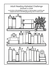 Image of Lied Randolph Public Library's reading challenge bookmark featuring books and alphabet prompts.