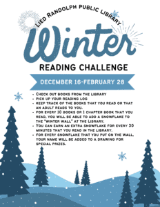Image of winter-themed promotional poster for Lied Randolph Public Library's winter reading challenge.